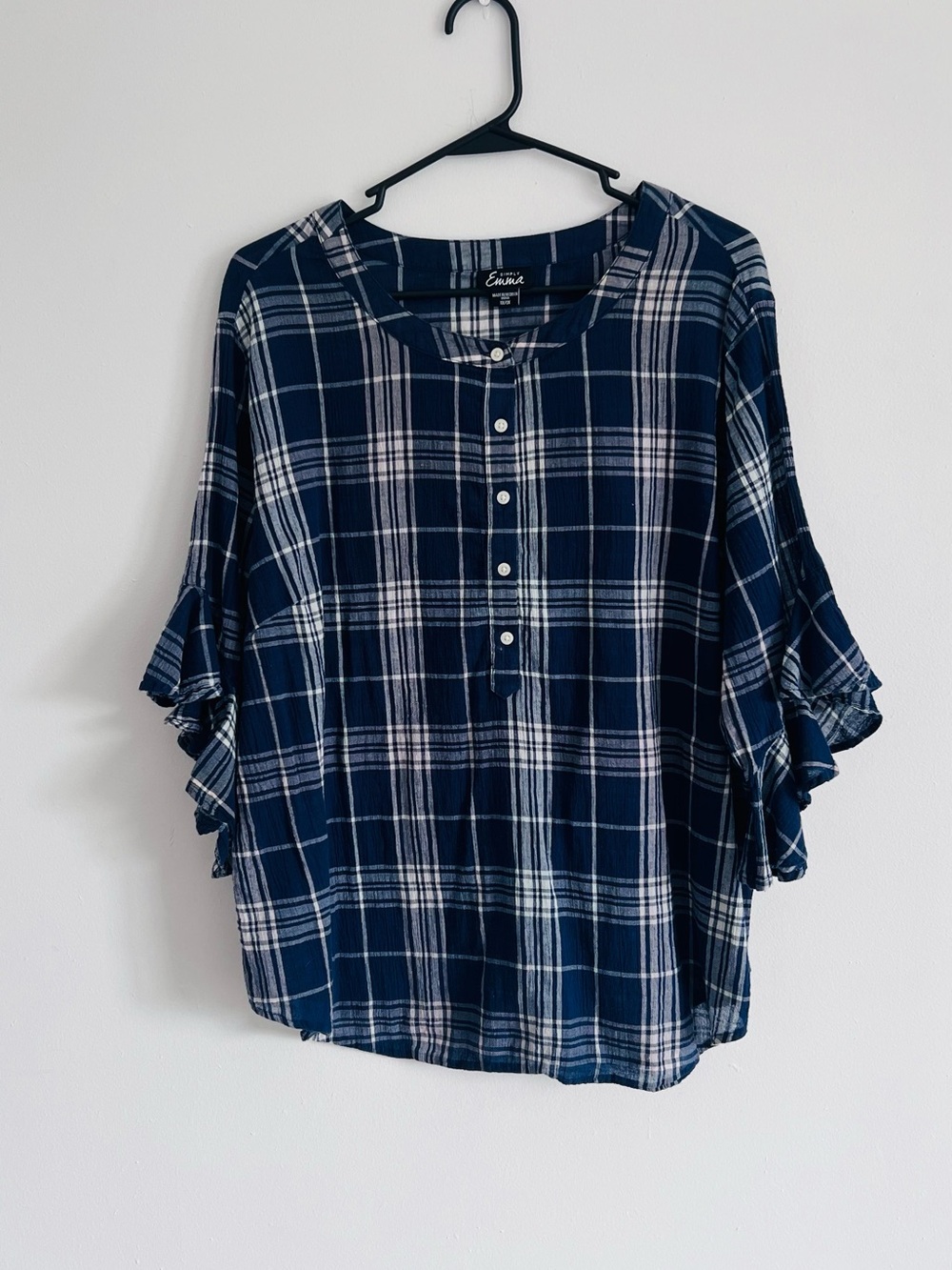 Simply Emma Navy Plaid Button Henley Blouse